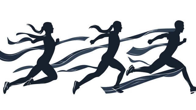 Silhouettes of three runners, depicted in motion with abstract flowing ribbons trailing behind them