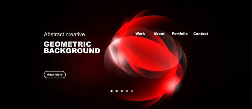 Dark backdrop features vibrant red geometric shapes. Minimalist design includes navigation options, text elements, button. Modern aesthetic.