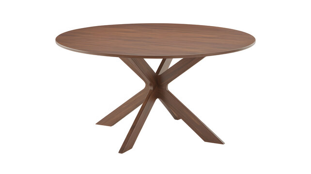 A modern wooden round table with a unique four-legged base on a white background