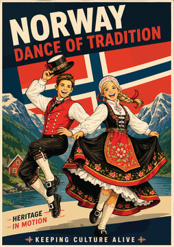 087-01-Smiling man and woman in bunad costume performing traditional norwegian folk dance