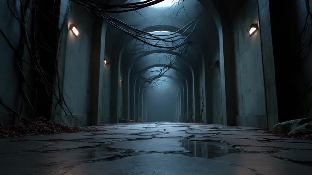 Dark corridor tunnel passage with concrete archway, wet floor, ceiling cable, blue light haze, eerie empty hall, abandoned interior, moody passage, vine overgrowth