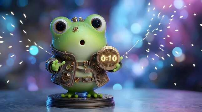 Chubby bright green frog character holding countdown timer with sparks and surprised expression