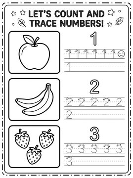Let's count and trace numbers worksheet for preschool children featuring apple, bananas, and strawberries