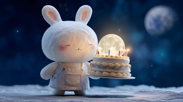 Chubby white rabbit holding birthday cake with glowing candles in night sky