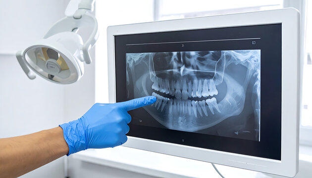 Dentist in blue glove pointing at panoramic dental x-ray on monitor, diagnostic tool, oral health examination