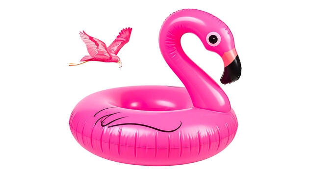 Bright pink inflatable flamingo pool float and a small pink bird flying above, isolated on white