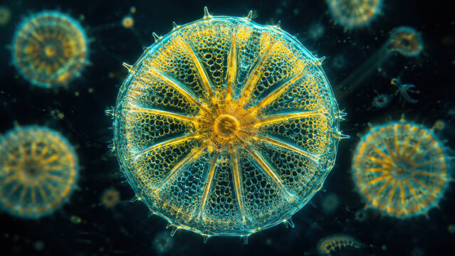 Awe inspiring glowing microscopic phytoplankton with single celled ornamental shell structure. Detailed view for biotechnology, nanotechnology and material design
