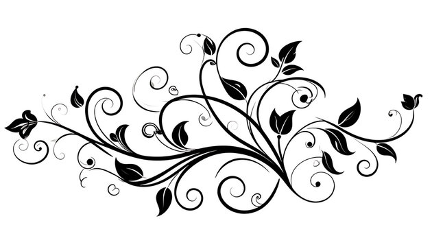 Elegant black floral scroll ornament with leaves and butterfly elements, delicate swirling vine design