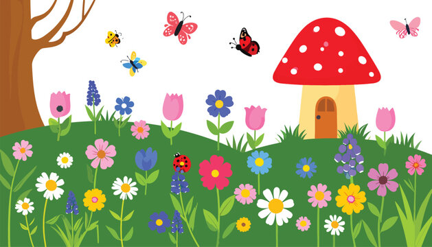 Spring forest landscape vector background illustration featuring a large red mushroom toxic amanita wild flowers flying ladybugs and beautiful butterflies
