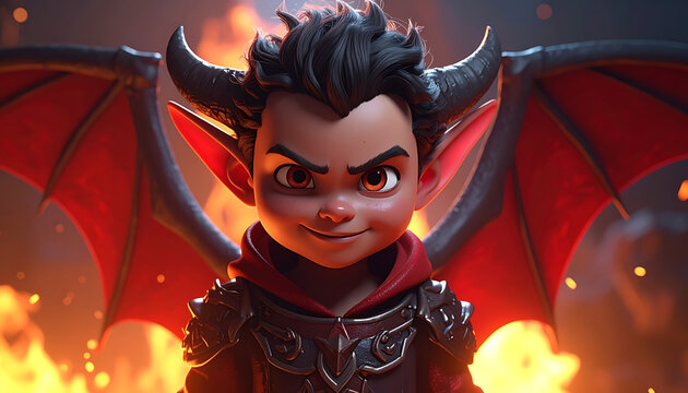 Charming young devil with red wings and horns, grinning playfully amidst a fiery inferno, ideal for fantasy or Halloween themes