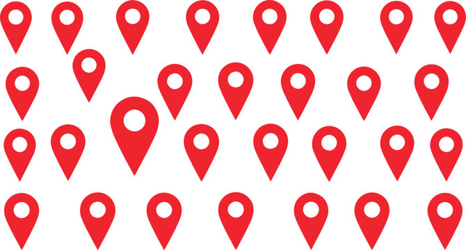 Location marker graphic element collection isolated on white background containing red checkpoint tags for route tracking global positioning system web design