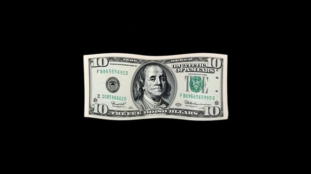 Waving US Dollar Banknote Overlay with Alpha Channel.
Floating Dollar Bill Animation on Transparent Background.