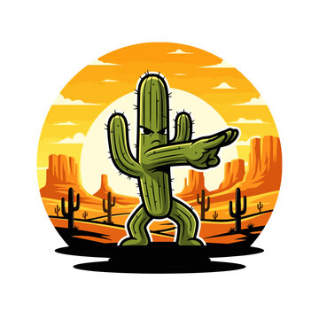 Angry cactus character pointing in a desert landscape.