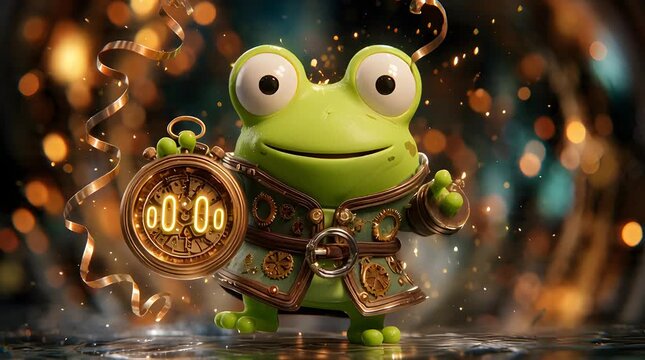 Cute bright green frog holding a vintage timer with expressive emotions and festive background