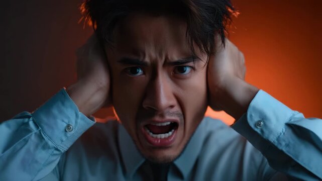 Angry adult asian man portrait face covering ears, emotion frustration anger stress scream in indoor studio lighting, anxious close up office dark background, SEO friendly searchable title