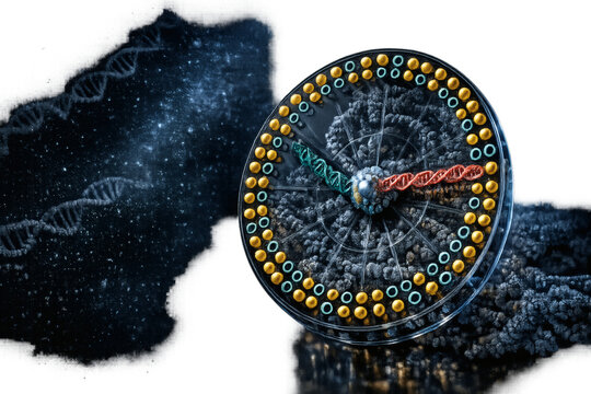 Epigenetic Biological Clock With DNA Helix Hands and CpG Methylation Markers in Molecular Space, Futuristic Longevity and Aging Science Concept