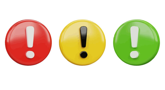 Three warning alert signs red, yellow, and green with exclamation marks