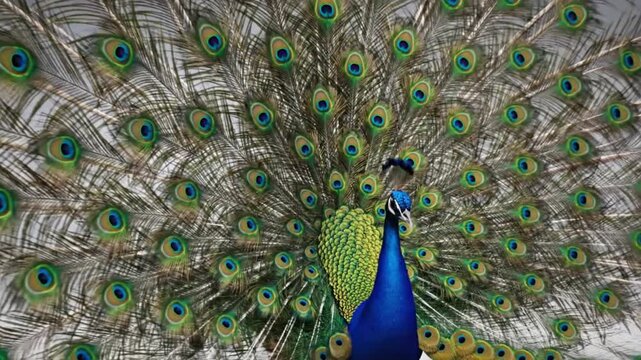 Cinematic 3D peacock animation featuring a majestic bird with fully fanned tail feathers glowing in blue emerald green and golden tones realistic feather shimmer and soft movement elegant body posture