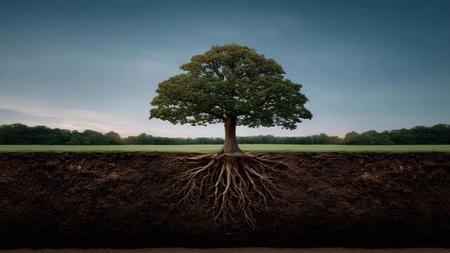 Solitary tree with exposed root system beneath green soil field under calm blue sky horizon, deep root ecology landscape nature, lone tree cross section grass field growth