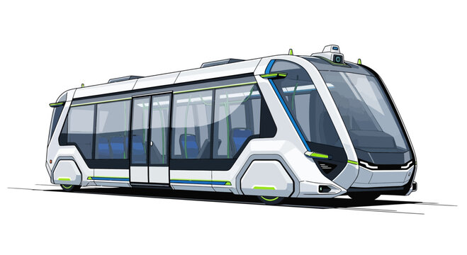 Futuristic autonomous public transport shuttle bus on white background