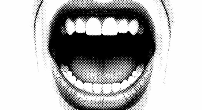 Screaming human mouth with white teeth, wide open shouting mouth in black and white, expressive vocal anatomy vector illustration