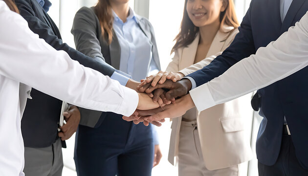 Diverse group of professionals joining hands in a circle, showing unity and teamwork, successful collaboration, business partnership concept