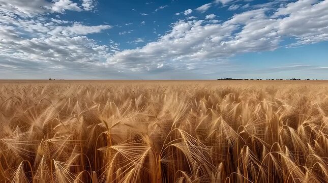 Golden wheat field waving gently under a partly cloudy blue sky during sunny day