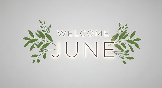Welcome June greeting with green leafy floral design on white background.