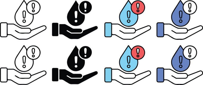 Water crisis vector icon set with hand holding water drop and exclamation mark symbol for scarcity conservation and environmental saving concept.