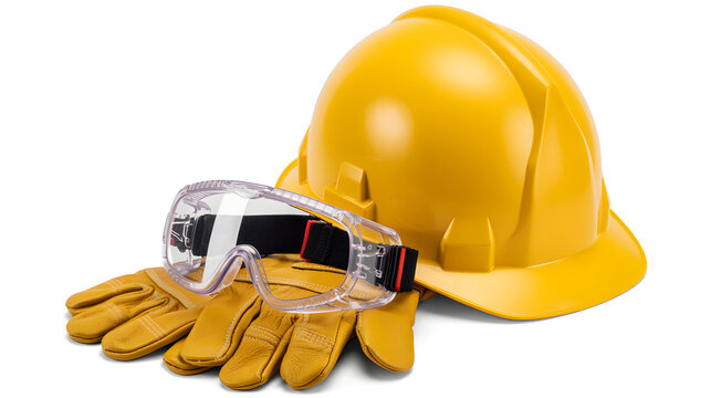 A yellow hard hat, safety goggles, and gloves on a white background for construction or industry use.