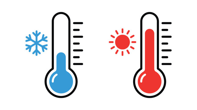 Two simple flat vector thermometers displaying high and low temperature readings with a bright sun and blue winter snowflake icon