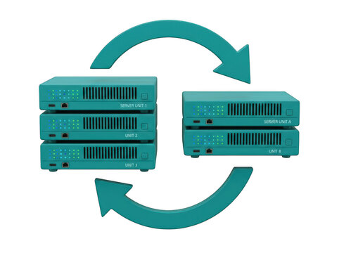 Teal server units with arrows showing data transfer and synchronization isolated on transparent background