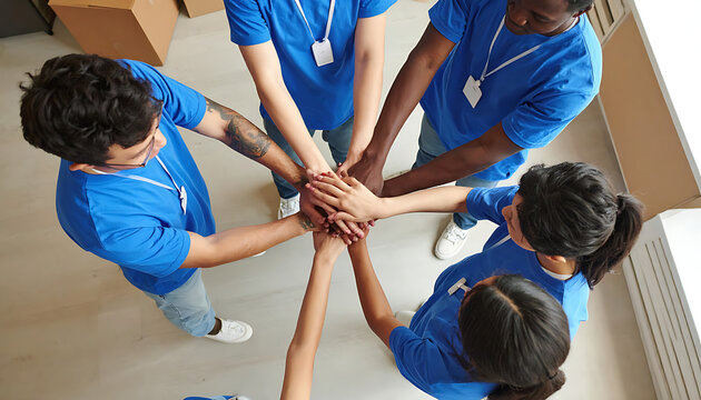 Diverse team of volunteers in blue shirts putting hands together, symbolizing unity, teamwork, community support, and shared purpose