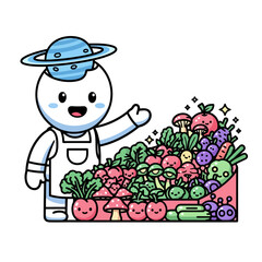 Fototapeta premium Cute Astronaut Character with Planet Hat Presenting a Box of Fresh and Whimsical Produce.