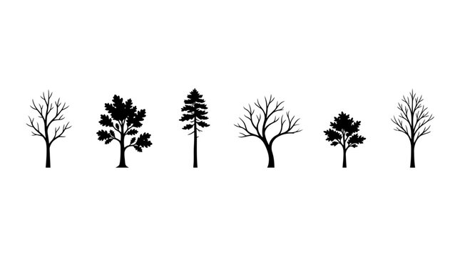 A collection of diverse tree silhouettes, showcasing various species and forms, perfect for natural and environmental design elements