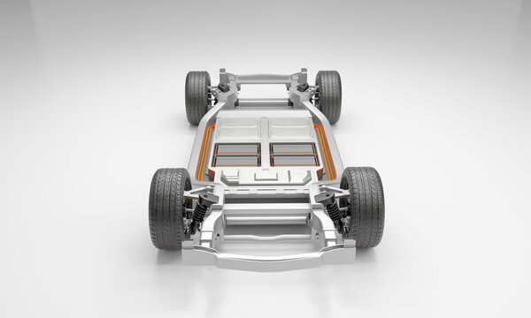 Electric Vehicle All-Solid-State Battery Skateboard Platform 3D Render - Rear Diagonal View