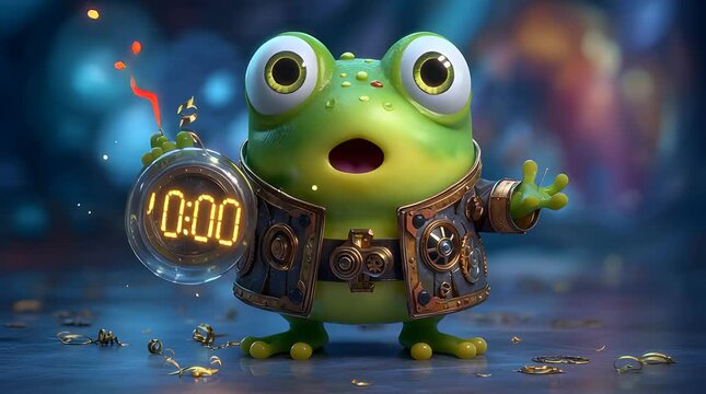 Round Green Frog Character Holding Digital Bomb Timer with Fuse Lighting
