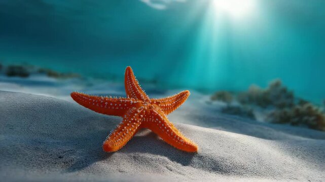 Orange starfish on sandy seabed underwater ocean marine life with blue sunlight, sea star, seafloor, coral reef, peaceful seascape, aquatic nature, beach, shell, texture