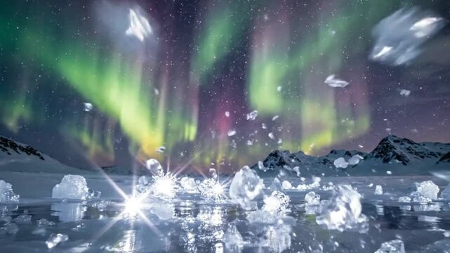 Aurora Borealis Over Icy Landscape with Floating Ice Cubes and Space Shuttle