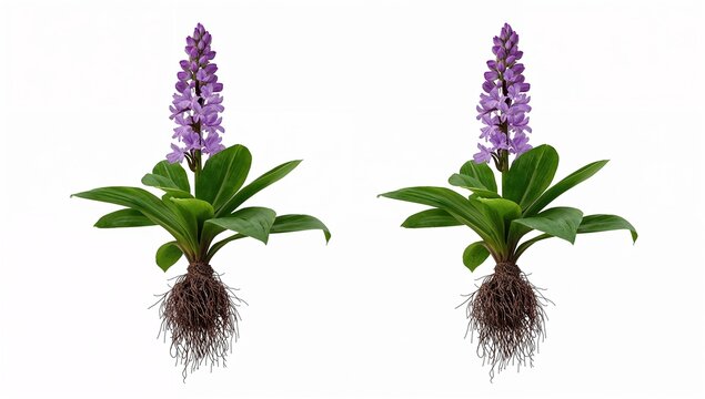 Two Purple Flowering Plants with Green Leaves and Roots on White Background