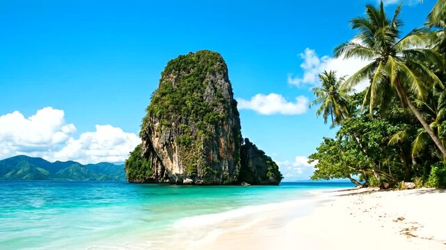 Stunning tropical beach landscape with limestone karst cliff in Thailand.