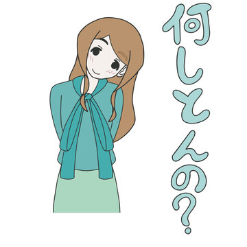 神戸弁で「何しとんの？」と優しく問いかける笑顔の女性。関西の方言日常シーン。