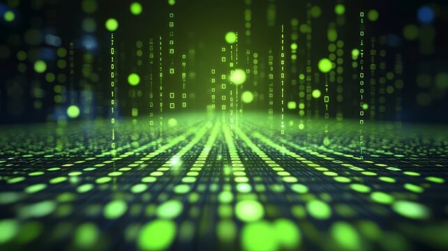 Abstract digital background with glowing green binary code stream data flow information technology concept for futuristic technology designs.
