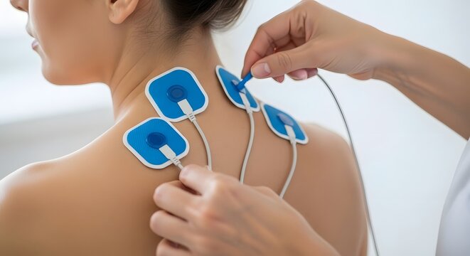 Tens unit application physical therapist applying electrodes to patient's upper back