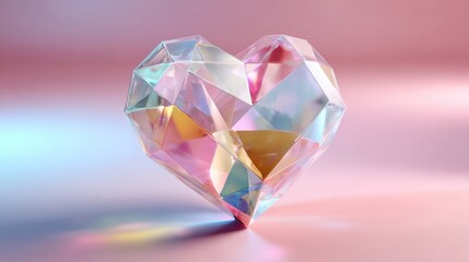 Fototapeta premium A Stunning Heart-Shaped Crystal Reflecting a Rainbow of Colors on a Soft Pink Background, Perfect for Romantic and Artistic Themes in Stock Photography