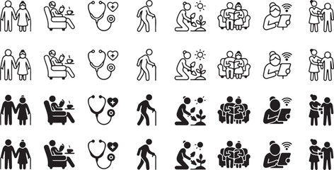 Fototapeta premium Multiple play button icons in outline and filled styles with social media black and white player control streaming collection technology interface entertainment minimalist