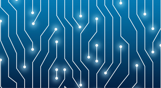 Glowing white circuit board lines on blue background technology and innovation concept