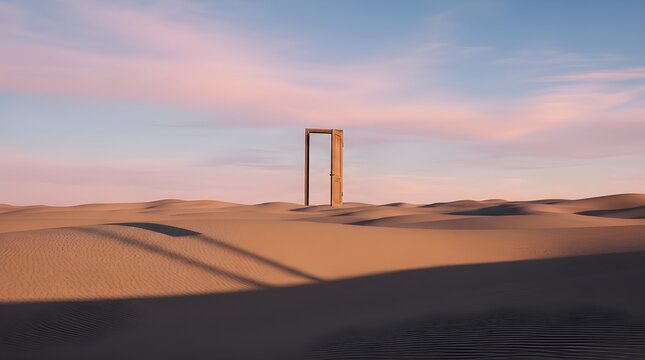 Floating vintage door above desert dunes under pastel sky. Minimal surreal scene with cinematic lighting and dreamy atmosphere.