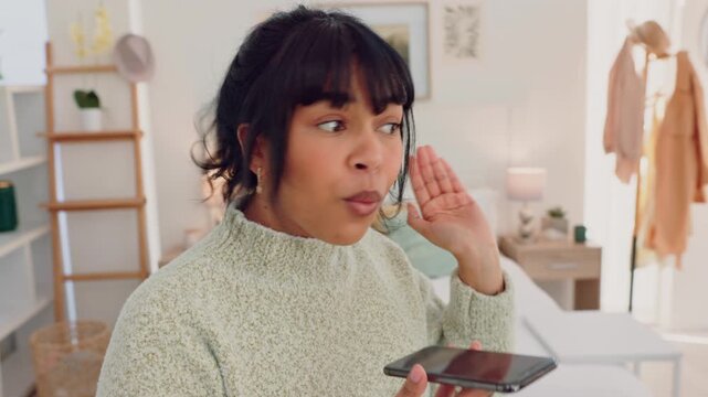 Call complaint, angry and upset woman on a phone yelling at customer support consultant online. Female in a home bedroom feeling anger and frustrated complaining to a person on mobile technology
