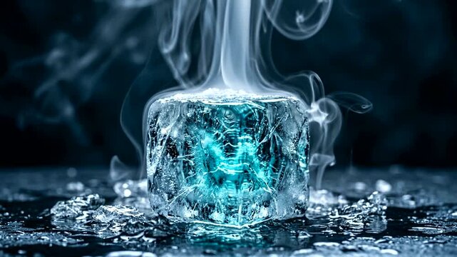 A glowing cyan letter M frozen inside a melting ice cube with swirling smoke.